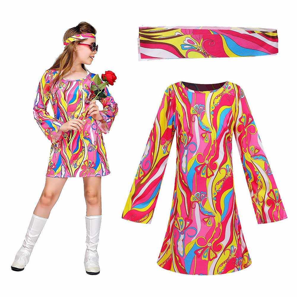 Retro 70s Hippie Dress Headban - Romper Floral Print 评论和价格