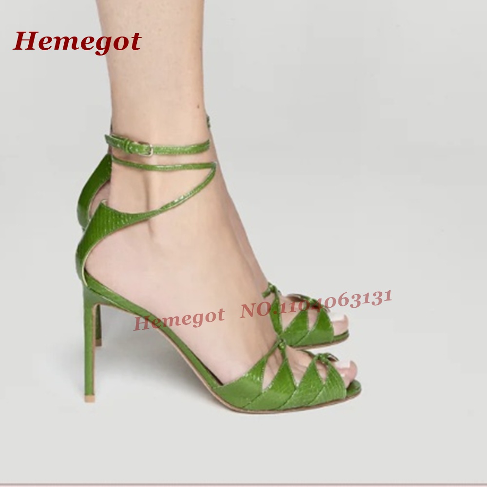 Green Croc-Pattern Strappy San - Sandal Strappy Heeled 评论和价格