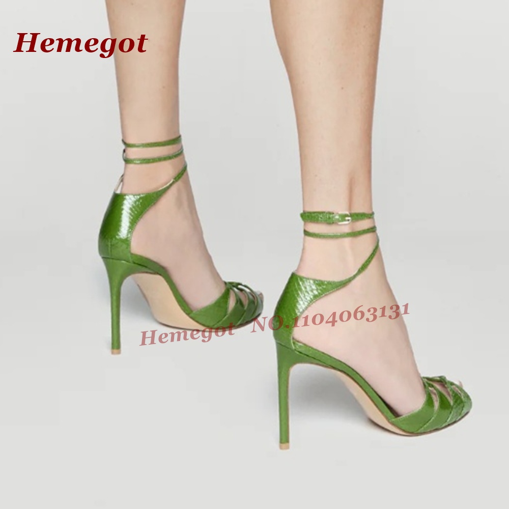 Green Croc-Pattern Strappy San - Sandal Strappy Heeled 评论和价格